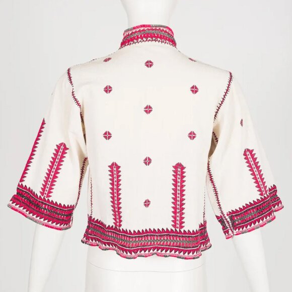 Vintage Folk Red Embroidered Cream Cotton Eastern European Jacket - Picture 4 of 5